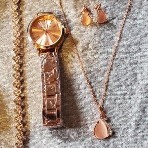 Rose Goldtone Watch, bracelet, Necklace and Earrings Set